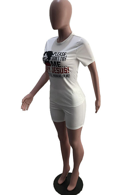 White Casual Digital Print Short Sleeve Round Collar T-Shirt Shorts Sets YSH6238 