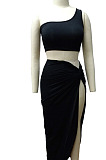Black Euramerican Women Ruffle Solid Color One Shoulder High Split Skirts Sets MY9268-3