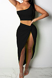 Red Euramerican Women Ruffle Solid Color One Shoulder High Split Skirts Sets MY9268-2