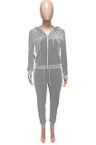 Dark Green Women Korea Velvet Ribber Spliced Pure Color Long Sleeve Cardigan Hooded Casual Pants Sets Q950-4