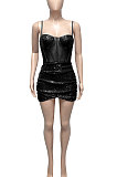 Black Euramerican Women Pure Color Sequins Sexy Condole Belt Strapless Perspectivity Mesh Spaghetti Skirts Sets Q949-2