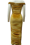 Yellow Ruffle Sexy A Word Shoulder Bodycon Pure Color Korea Velvet Long Dress MY9351-2