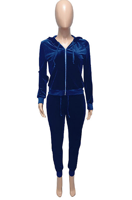 Pink Women Korea Velvet Ribber Spliced Pure Color Long Sleeve Cardigan Hooded Casual Pants Sets Q950-1