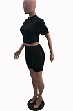 Rose Red Simple Pure Color Short Sleeve Zip Fron Crop Top Shorts Casual Sets YSH6163-2