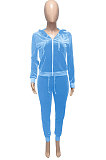 Dark Green Women Korea Velvet Ribber Spliced Pure Color Long Sleeve Cardigan Hooded Casual Pants Sets Q950-4