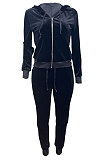 Brown Women Korea Velvet Ribber Spliced Pure Color Long Sleeve Cardigan Hooded Casual Pants Sets Q950-7