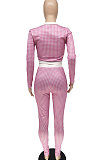Rose Red Women Autumn Winter Long Sleeve Button Top Printing Tight Pants Sets NRS8080-1
