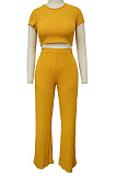 Wine Red Fashion Casual High Elastic Cotton Shor Sleeve Top Pure Color Ribber Loose Pants Sets MY9298-8