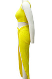 Yellow Euramerican Women Ruffle Solid Color One Shoulder High Split Skirts Sets MY9268-1