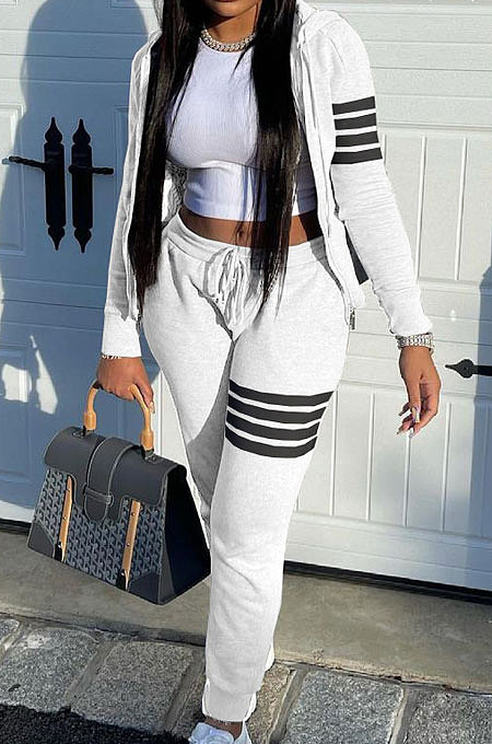 White Newest Striple Spliced Long Sleeve Zipper Hooded Coat Sweat Pants Sets YX9296-3