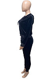 Dark Blue Women Korea Velvet Ribber Spliced Pure Color Long Sleeve Cardigan Hooded Casual Pants Sets Q950-6