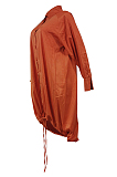 Wine Red Lapel Neck Long Sleeve Single-Breasted Loose Drawable Hem Shirt Dress WY6838-5