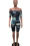 Blue New Print Off Shoulder Short Sleeve Slim Fitting Romper Shorts YSH86248