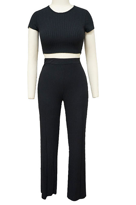 Pink Fashion Casual High Elastic Cotton Shor Sleeve Top Pure Color Ribber Loose Pants Sets MY9298-2