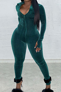 Olive Green Euramerican Women Korea Velvet Long Sleeve V Collar Zipper Sexy Solid Color Bodycon Jumpsuits ED8525-2