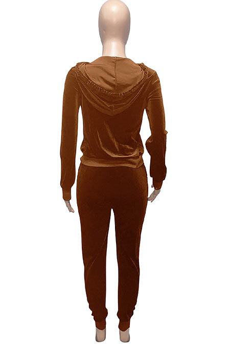 Pink Women Korea Velvet Ribber Spliced Pure Color Long Sleeve Cardigan Hooded Casual Pants Sets Q950-1
