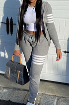Gray Newest Striple Spliced Long Sleeve Zipper Hooded Coat Sweat Pants Sets YX9296-4