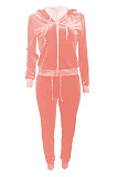 Gray Women Korea Velvet Ribber Spliced Pure Color Long Sleeve Cardigan Hooded Casual Pants Sets Q950-2
