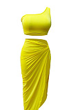 Neon Pink Euramerican Women Ruffle Solid Color One Shoulder High Split Skirts Sets MY9268-5