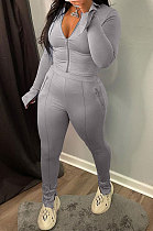Gray Wholesale New Horn Sleeve Zip Fron Top Slit Pencil Pants Slim Fitting Two-Piece YX9295-1