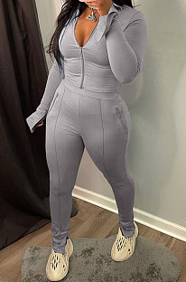 Gray Wholesale New Horn Sleeve Zip Fron Top Slit Pencil Pants Slim Fitting Two-Piece YX9295-1