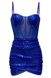 Black Euramerican Women Pure Color Sequins Sexy Condole Belt Strapless Perspectivity Mesh Spaghetti Skirts Sets Q949-2