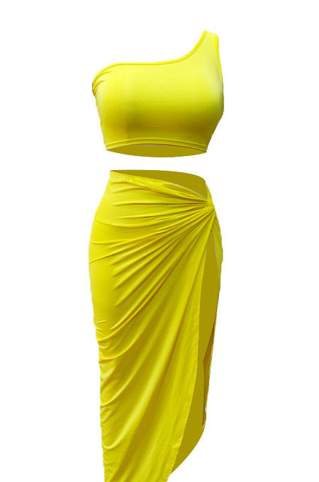 Red Euramerican Women Ruffle Solid Color One Shoulder High Split Skirts Sets MY9268-2