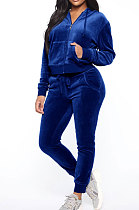 Dark Blue Women Korea Velvet Ribber Spliced Pure Color Long Sleeve Cardigan Hooded Casual Pants Sets Q950-6