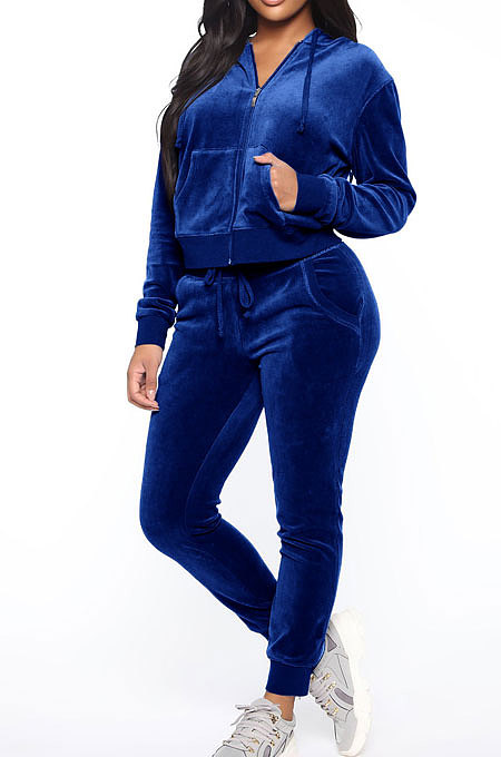Dark Blue Women Korea Velvet Ribber Spliced Pure Color Long Sleeve Cardigan Hooded Casual Pants Sets Q950-6