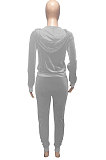 Gray Women Korea Velvet Ribber Spliced Pure Color Long Sleeve Cardigan Hooded Casual Pants Sets Q950-2