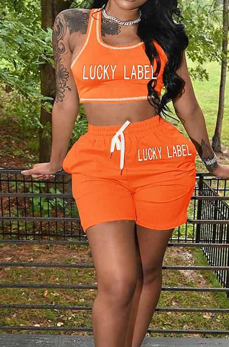 Orange Casual Letter Print Tank Shorts Solid Color Sport Sets YSH86245 -2