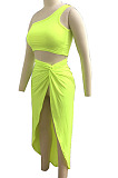 Neon Pink Euramerican Women Ruffle Solid Color One Shoulder High Split Skirts Sets MY9268-5