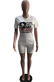 White Casual Digital Print Short Sleeve Round Collar T-Shirt Shorts Sets YSH6238 