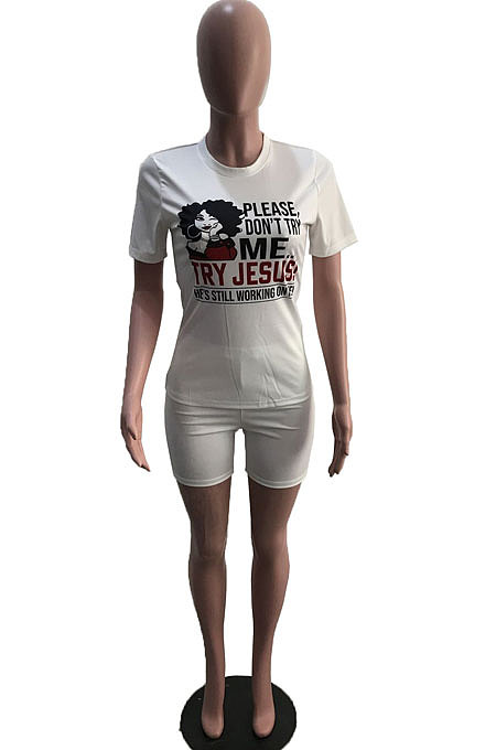 White Casual Digital Print Short Sleeve Round Collar T-Shirt Shorts Sets YSH6238 