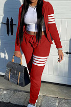 Red Newest Striple Spliced Long Sleeve Zipper Hooded Coat Sweat Pants Sets YX9296-1