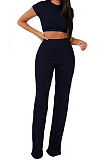 Yellow Fashion Casual High Elastic Cotton Shor Sleeve Top Pure Color Ribber Loose Pants Sets MY9298-1