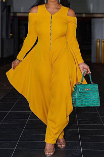 Yellow Euramerican Pure Color Off Shoulder Zipper Irregular Lower Hem Casual Jumpsuits NRS8079-1