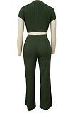 Green Fashion Casual High Elastic Cotton Shor Sleeve Top Pure Color Ribber Loose Pants Sets MY9298-6