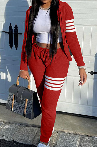 Black Newest Striple Spliced Long Sleeve Zipper Hooded Coat Sweat Pants Sets YX9296-1