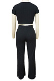 Gray Fashion Casual High Elastic Cotton Shor Sleeve Top Pure Color Ribber Loose Pants Sets MY9298-3