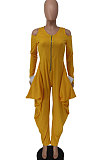 Yellow Euramerican Pure Color Off Shoulder Zipper Irregular Lower Hem Casual Jumpsuits NRS8079-1