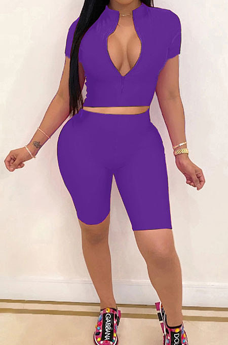 Black Simple Pure Color Short Sleeve Zip Fron Crop Top Shorts Casual Sets YSH6163-1