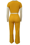 Gray Fashion Casual High Elastic Cotton Shor Sleeve Top Pure Color Ribber Loose Pants Sets MY9298-3