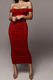 Red Ruffle Sexy A Word Shoulder Bodycon Pure Color Korea Velvet Long Dress MY9351-3
