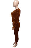 Pink Women Korea Velvet Ribber Spliced Pure Color Long Sleeve Cardigan Hooded Casual Pants Sets Q950-1