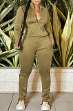 Black Sport Women Solid Color Zipper Cardigan Split Pants Sets HR8192 -1
