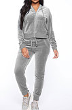 Gray Women Korea Velvet Ribber Spliced Pure Color Long Sleeve Cardigan Hooded Casual Pants Sets Q950-2