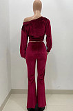Drak Green Wholesale Velvet Long Sleeve Oblique Shoulder Top Flare Pants Solid Color Sets YX9298-3