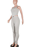 Gray Euramerican Fashion Women Tight Super Elastic Tank Pure Color Pants Sets HR8186-1