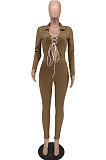 Camel Cotton Blend Long Sleeve Bandage Top Bodycon Pants Solid Color Sets ZNN9108-1